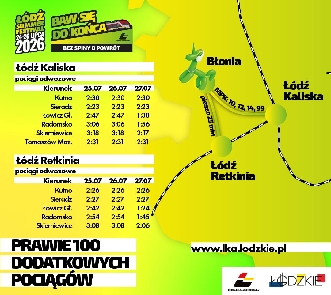 Obrazek przedstawia skrócony rozkład jazdy pociągów ŁKA na Łódź Summer Festival