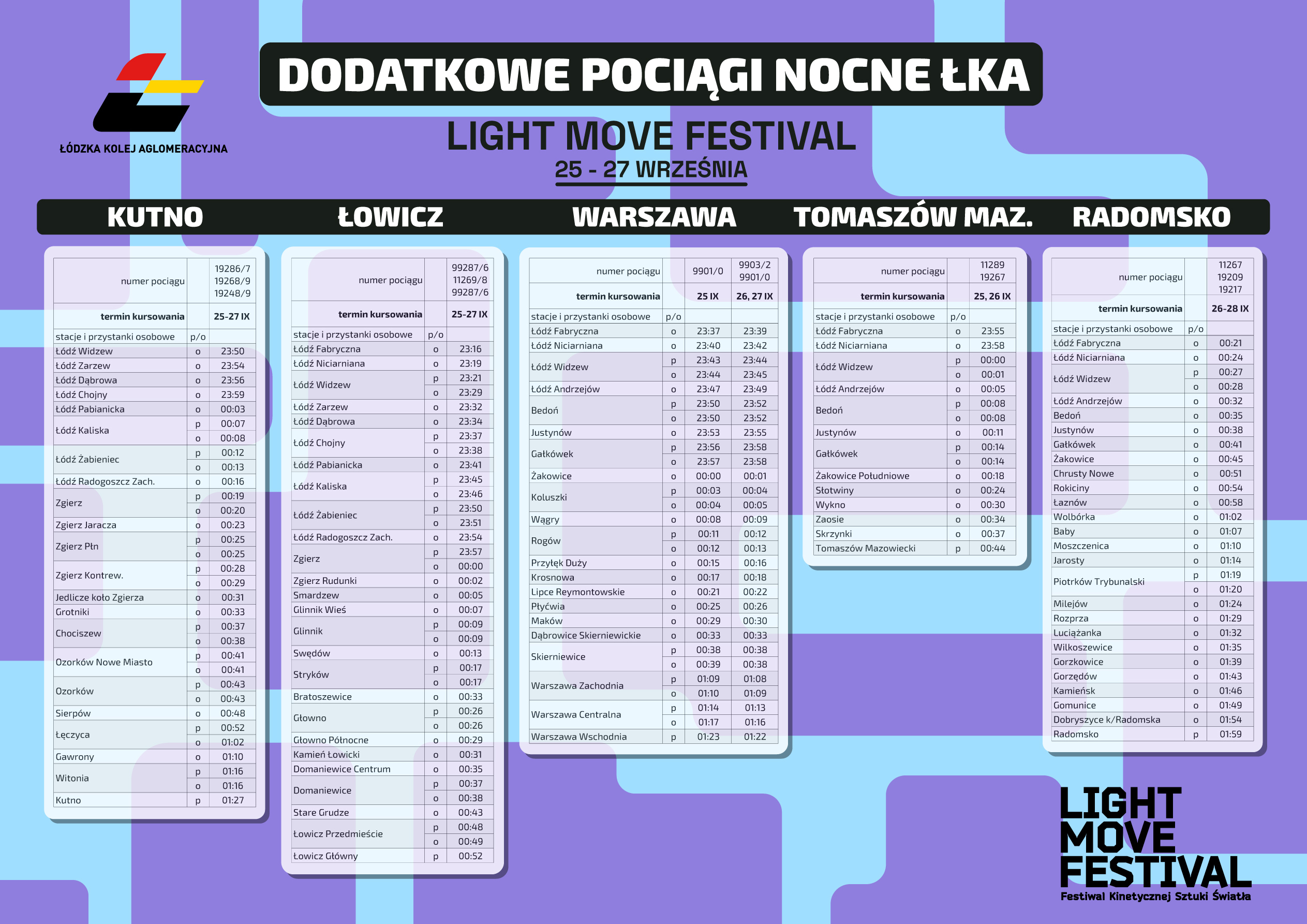 Grafika przedstawia rozkłady jazdy dodatkowych pociągów ŁKA z okazji Light Move Festival 2026