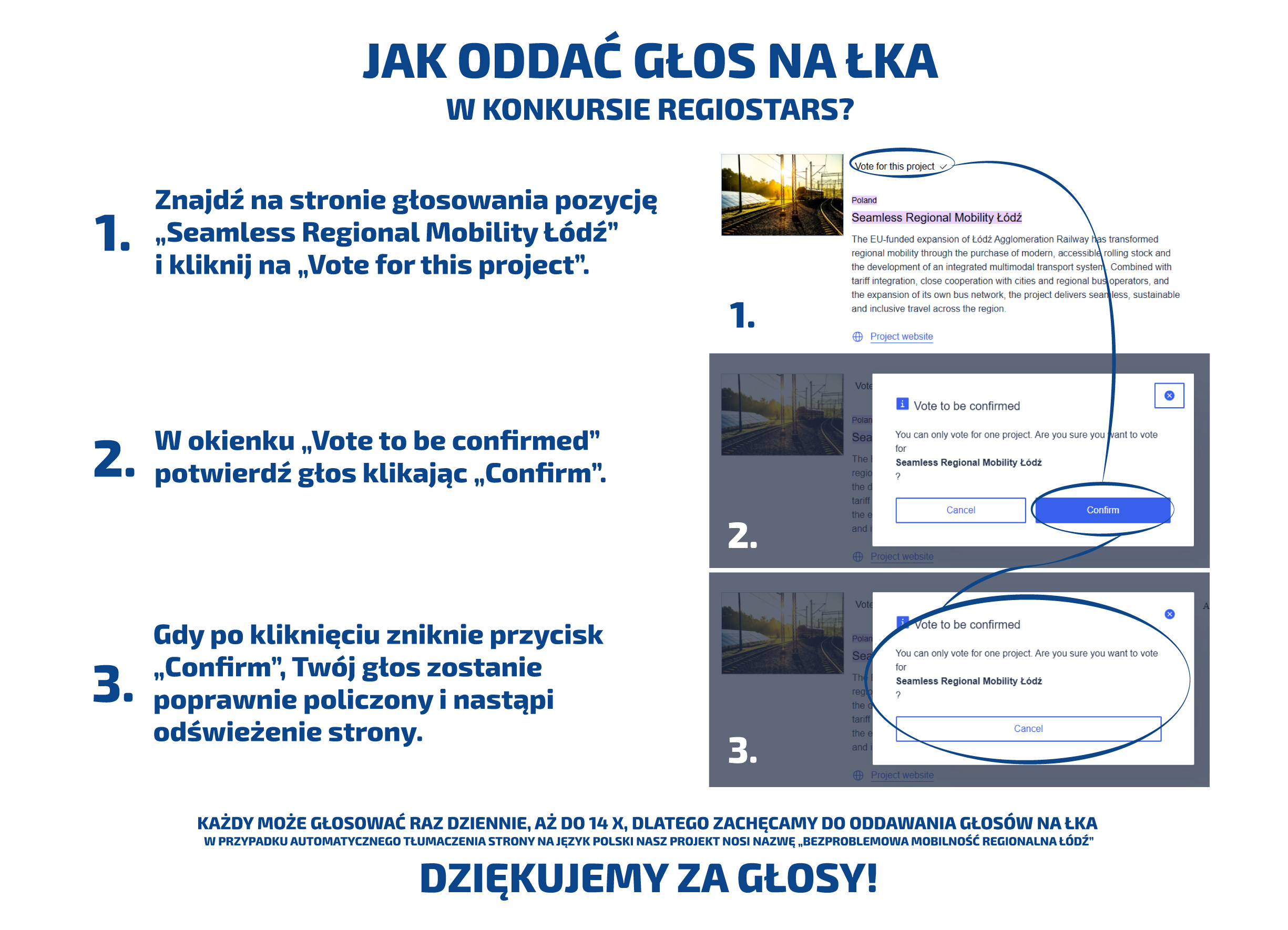 Grafika prezentuje krok po kroku jak oddać głos na ŁKA w konkursie Regiostars.