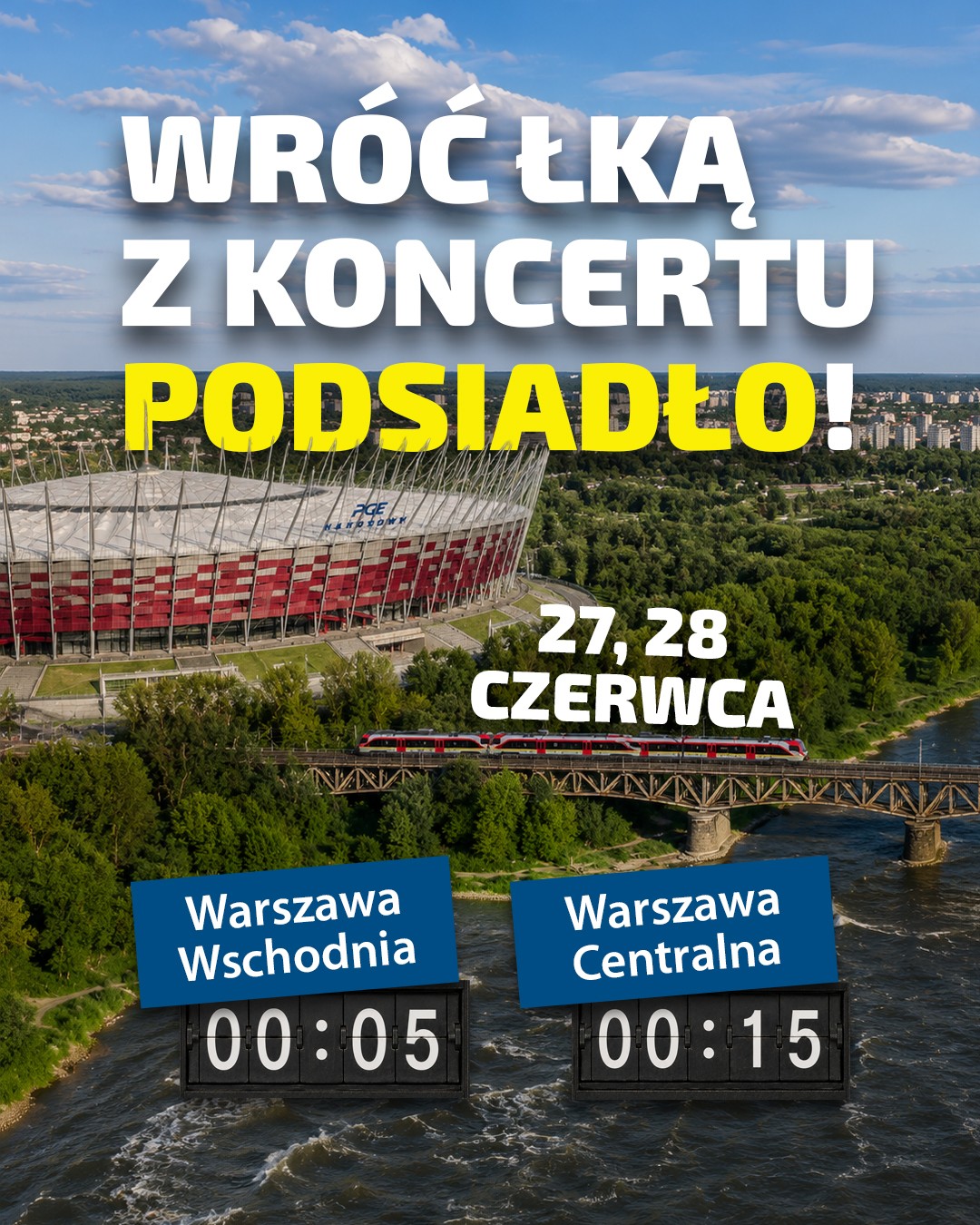 Obrazek przedstawia widok na stadion Narodowy w Warszawie, z widokiem na most kolejowy, przez który przejeżdża pociąg ŁKA.