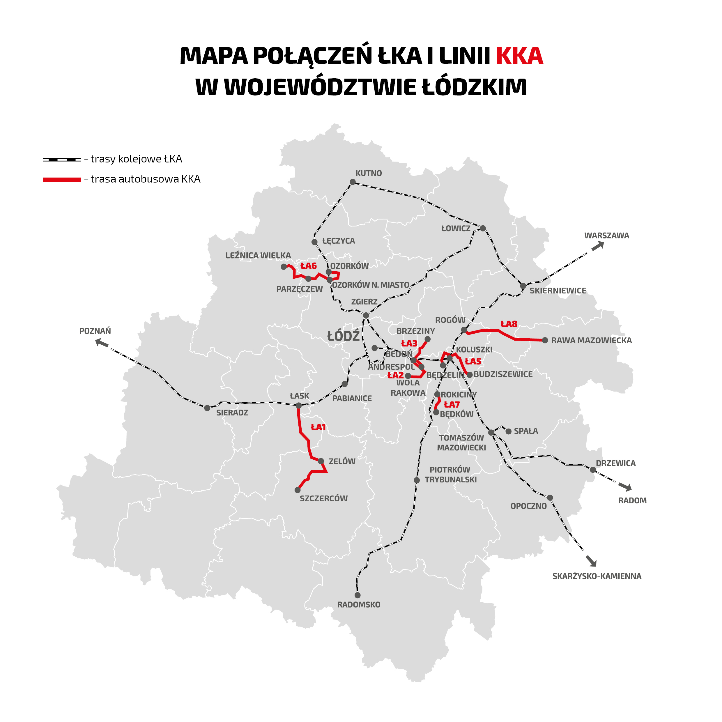 Mapa przedstawia schemat połączeń kolejowych na tle woj. łódzkiego oraz trasy autobusowe opisane poniżej. 