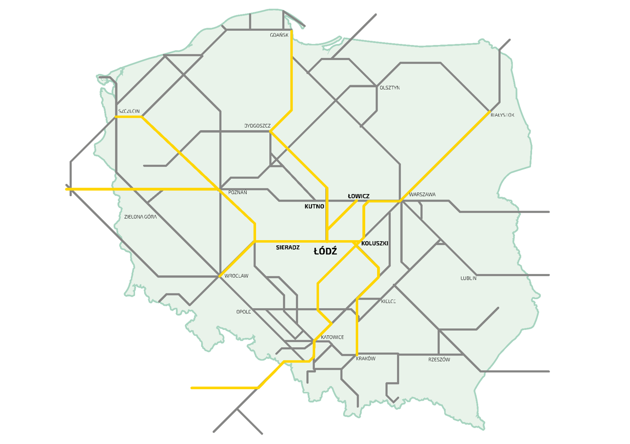 Mapa schematyczna połaczeń kolejowych Łodzi z głownymi miastami Polski.