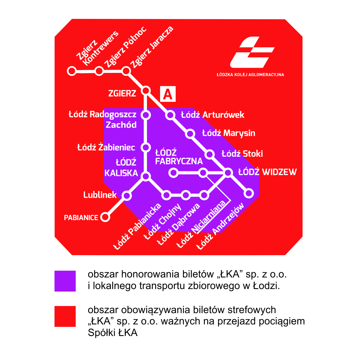 Mapa zasięgu biletów strefowych ŁKA, opis powyżej