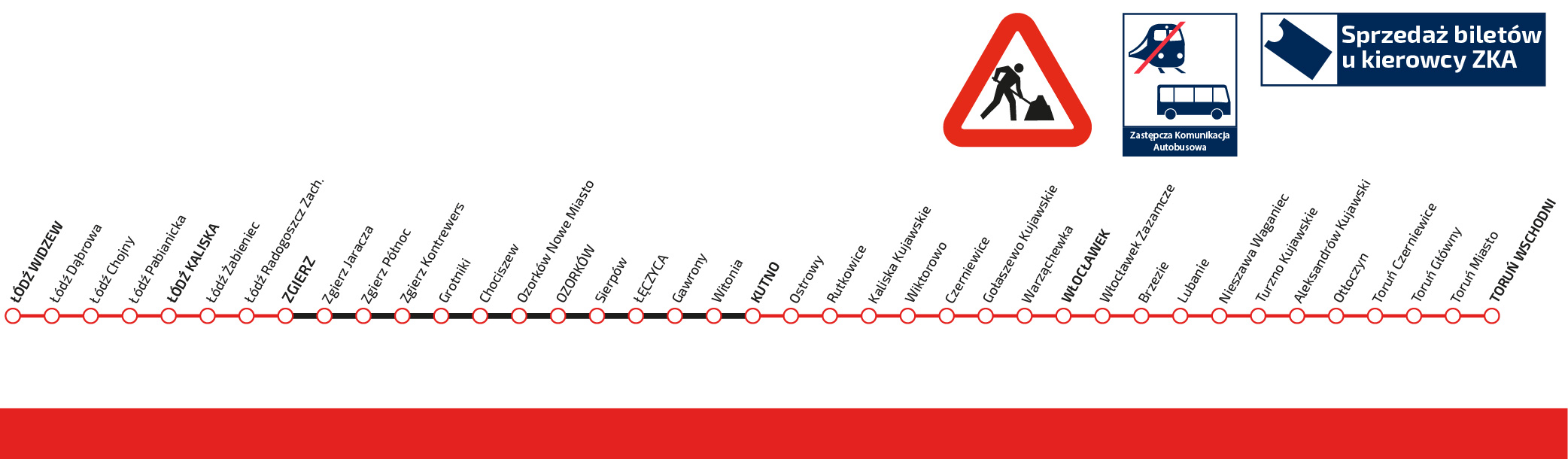 Schemat pokazujący trasę Łódź Widzew-Kutno-Włocławek-Toruń