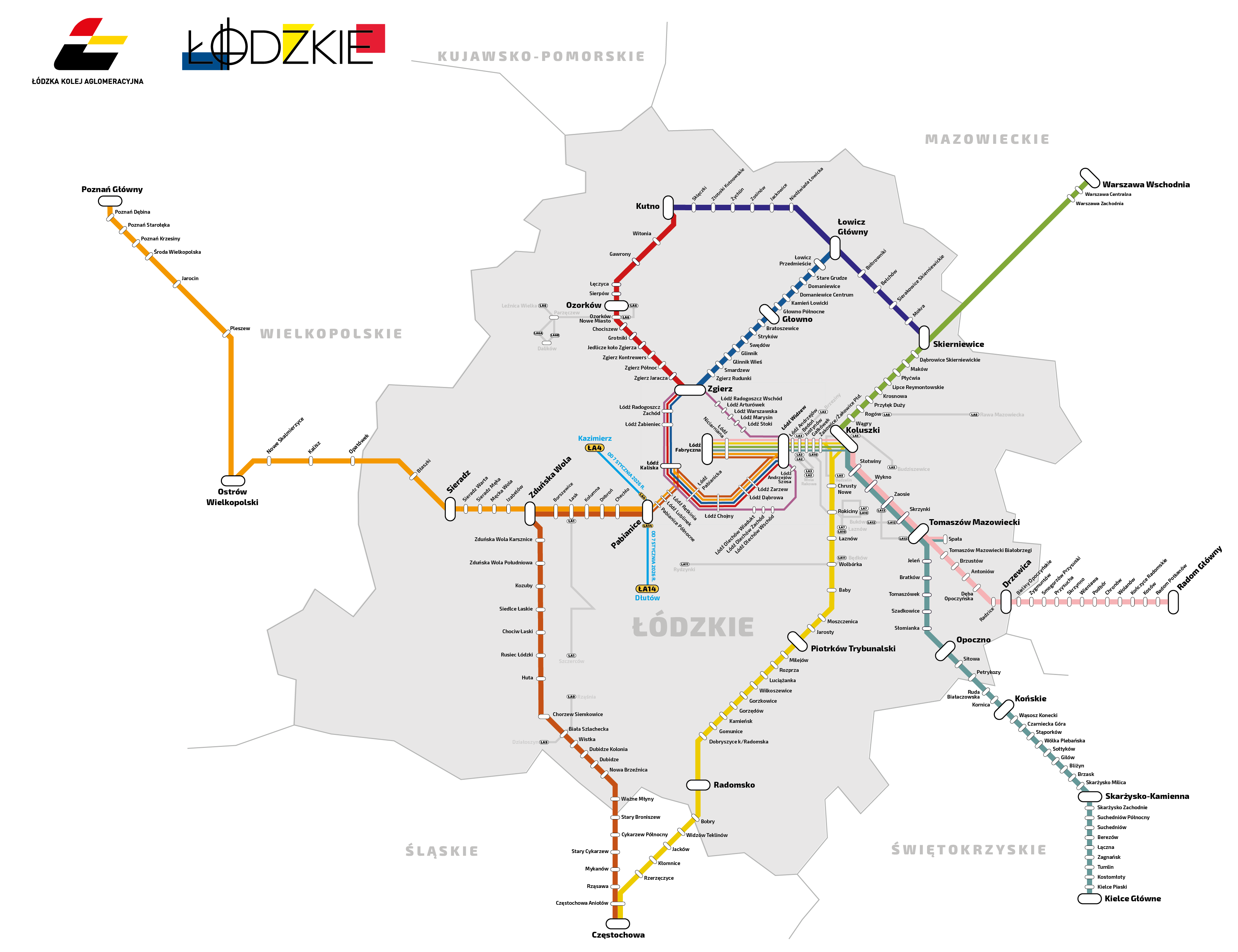 grafika siatkę połączeń pociągow ŁKA od 14 grudnia 2025