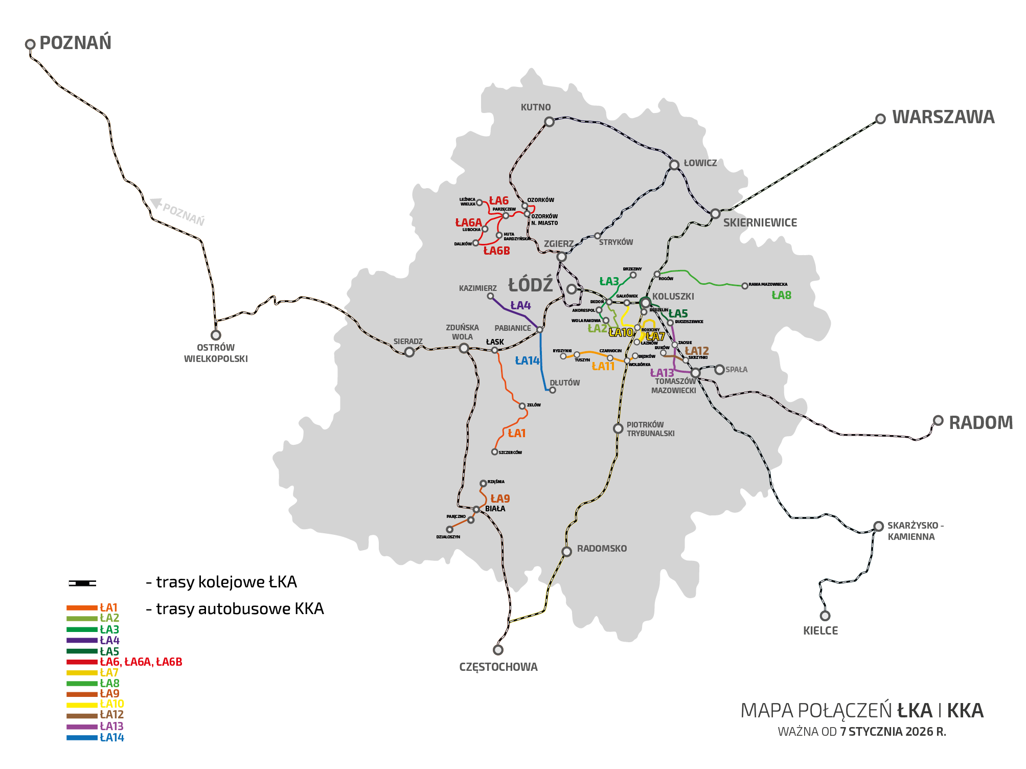 Mapa połączeń pokazująca zasięg Kolejowej Komunikacji Autobusowej