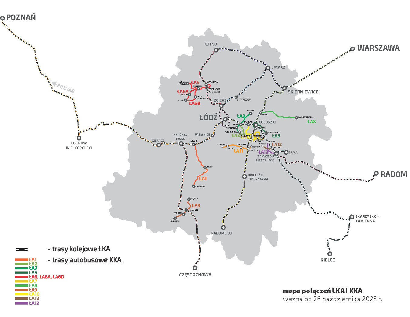 Mapa połączeń linii Koleowej Komunikacji Autobusowej w Województwie Łódzkim.