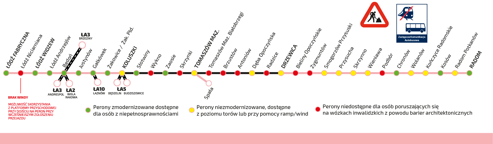 Schemat pokazujący trasę Łódź Tomaszów Mazowiecki Drzewica Radom