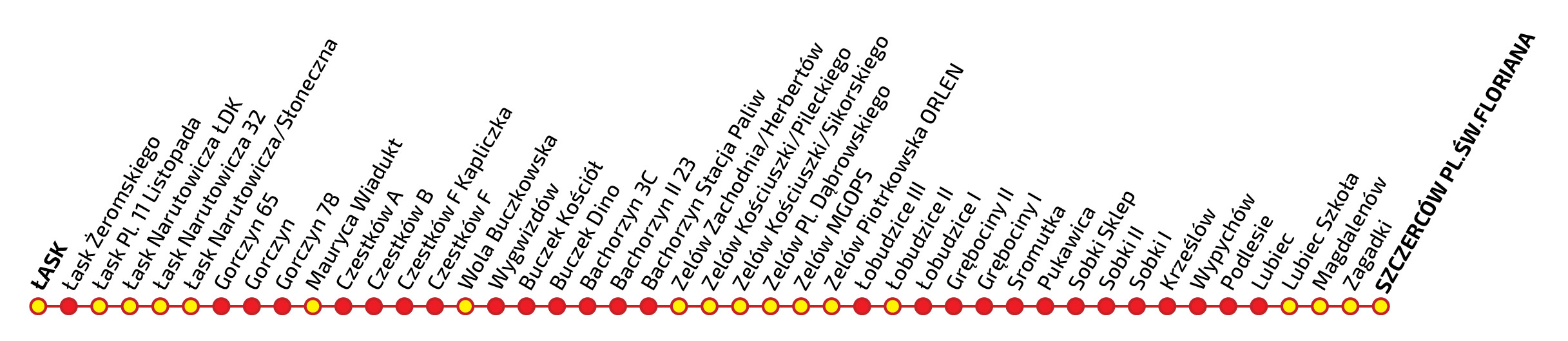 ŁASK, Łask Żeromskiego, Łask Pl. 11 Listopada, Łask Narutowicza ŁDK, Łask Narutowicza/Słoneczn, Gorczyn 65, Gorczyn, Gorczyn 78, Mauryca Wiadukt, Czestków A, Czestków B, Czestków F Kapliczka, Czestków F, Wola Buczkowska, Wygwizdów, Buczek Kościół, Buczek Dino, Bachorzyn 3C, Bachorzyn II 23, Bachorzyn Stacja Paliw, Zelów Zachodnia/Herbertów, Zelów Kościuszki/Pileckiego, Zelów Kościuszki/Sikorskiego, Zelów Pl. Dąbrowskiego, Zelów MGOPS, Zelów Piotrkowska ORLEN, Łobudzice III, Łobudzice II Łobudzice Szkoła, Łobudzice I, Grębociny II, Grębociny I, Sromutka, Pukawica, Sobki Sklep, Sobki II, Sobki I, Krześlów, Wypychów, Podlesie, Lubiec, Lubiec Szkoła, Magdalenów, Zagadki, Szczerców Mickiewicza, SZCZERCÓW PL.ŚW.FLORIANA