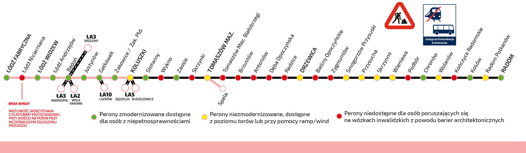 Schemat pokazujący trasę Łódź Tomaszów Mazowiecki Drzewica Radom