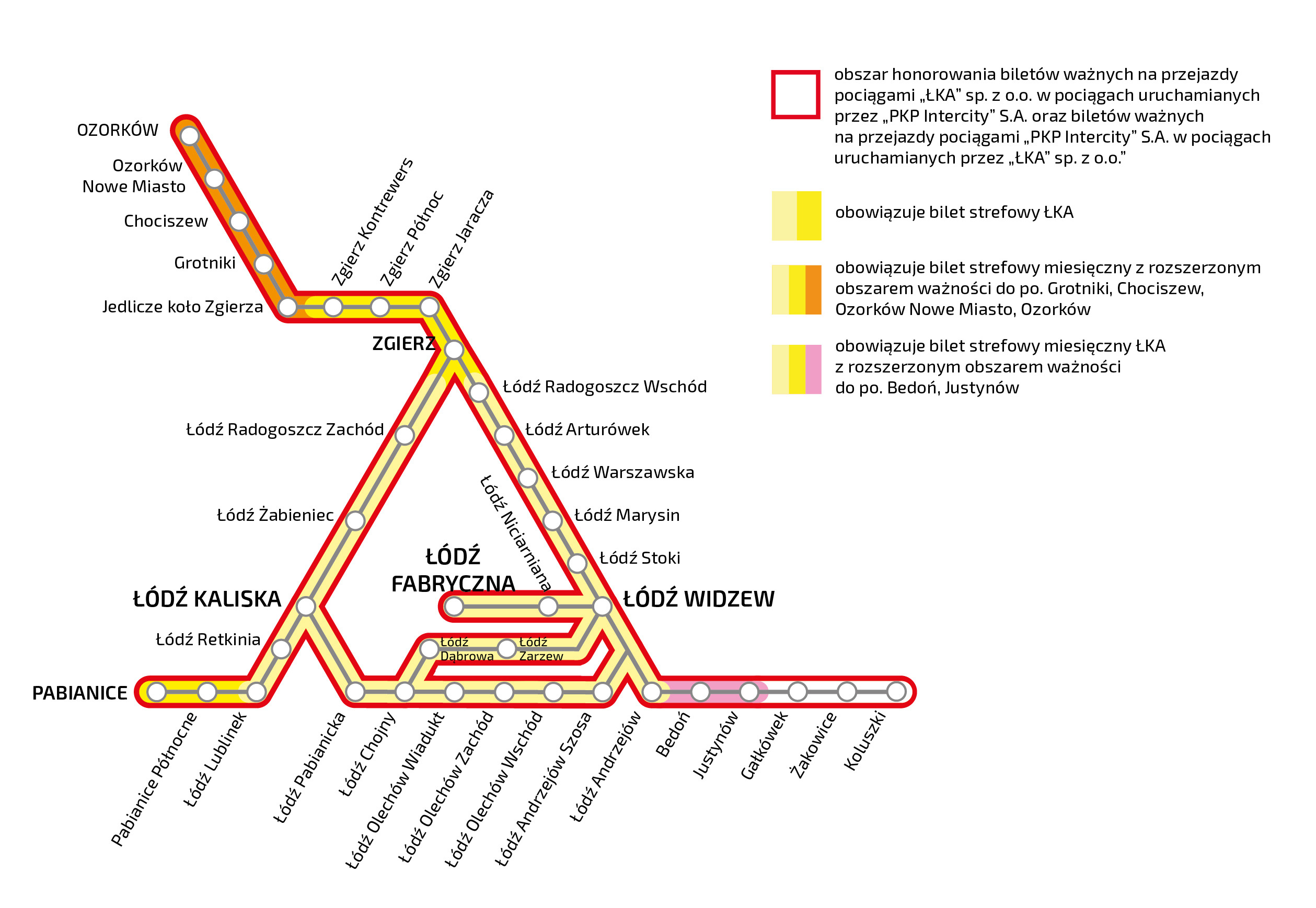 mapka przedstawiająca granice honorowania biletów ŁKA z PKP ICC