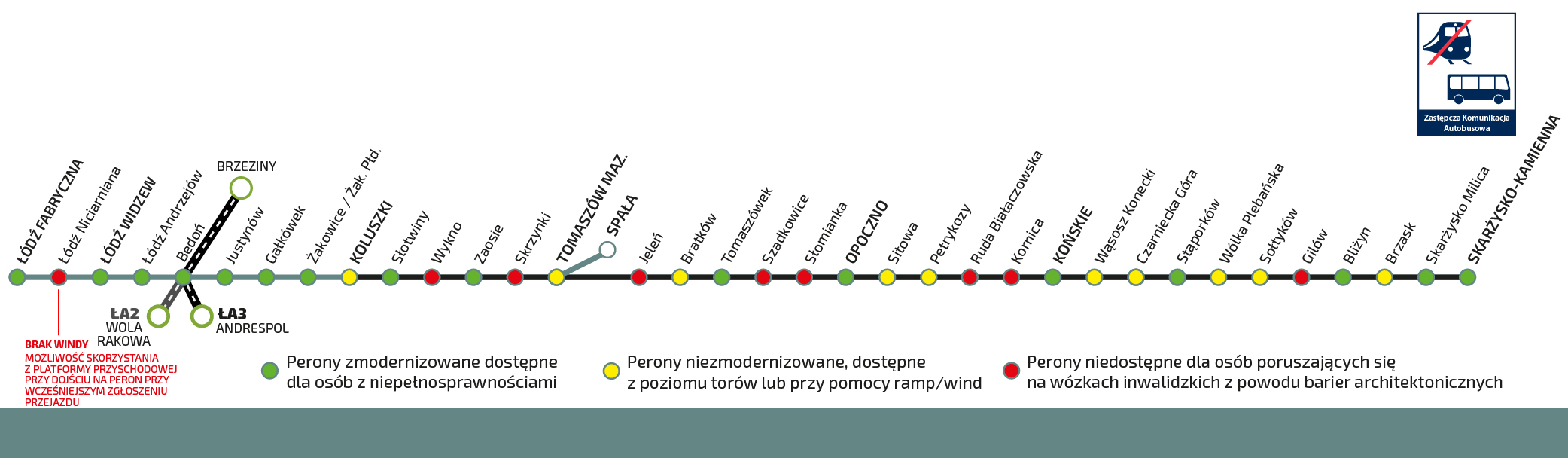 Schemat pokazujący trasę Łódź Tomaszów Mazowiecki Opoczno Końskie Skarżysko Kamienna wraz z dostępnością stacji i przystanków. Pełna informacja o dostępności stacji i przystanków dla tej linii znajduje się w zakładce "informacje dla osoób niepełnosprawnych"