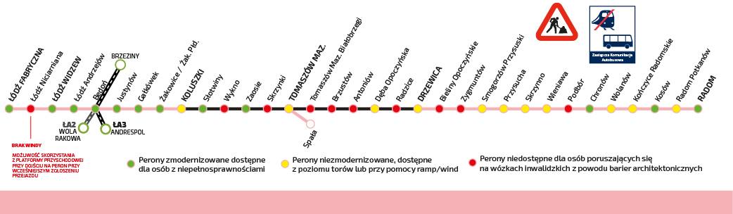 Schemat pokazujący trasę Łódź Tomaszów Mazowiecki Drzewica Radom