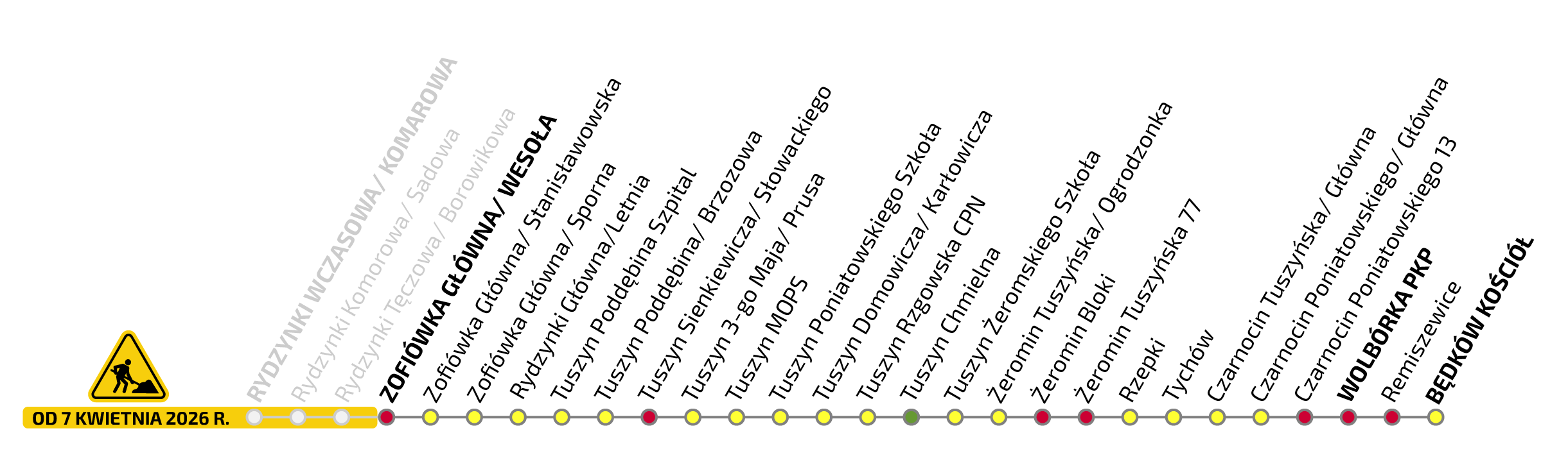 Graficzne przedstawienie przystanków na trasie ŁA11 obowiązujący od 7 kwietnia. Po kliknięciu na grafikę wyświetla się plik pdf z warstwami tekstowymi