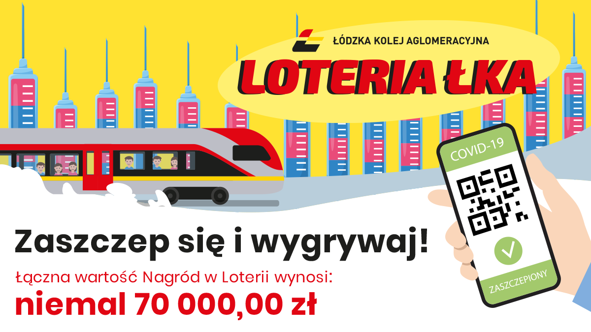 Grafika reklamowa "Loteria ŁKA". Zaszczep się i wygrywaj. Łączna wartość nagród w loteri wynosi niemal 70 tysięcy złotych.  