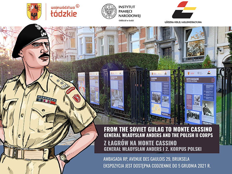 Grafika reklamowa wystawy "Z Łagrów na Monte Cassino", przedstawia generała Andersa i zdjęce plansz wiszących na płocie ambasady. Treści poniżej. 