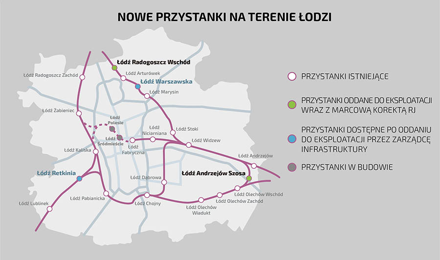 Grafika przedstawia uproszczoną mapę Łodzi z naniesioną mapą przystanków kolejowych.