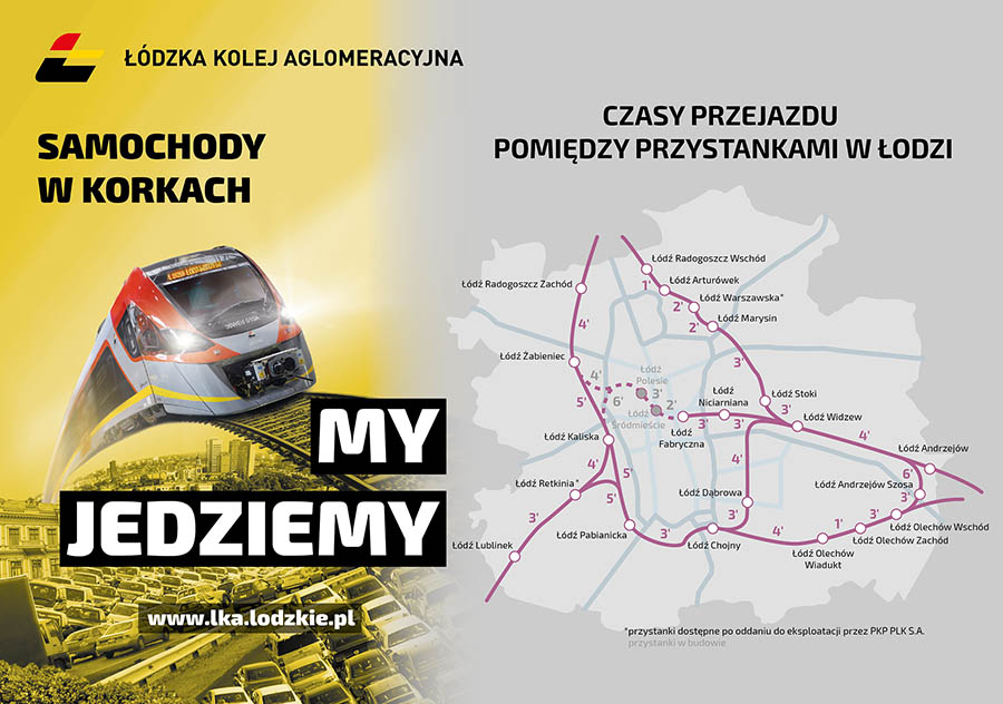 Grafika przedstawia mapę Łodzi z przystankami kolejowymi i orientacyjne czasy przejazdy pomiędzy nimi. 