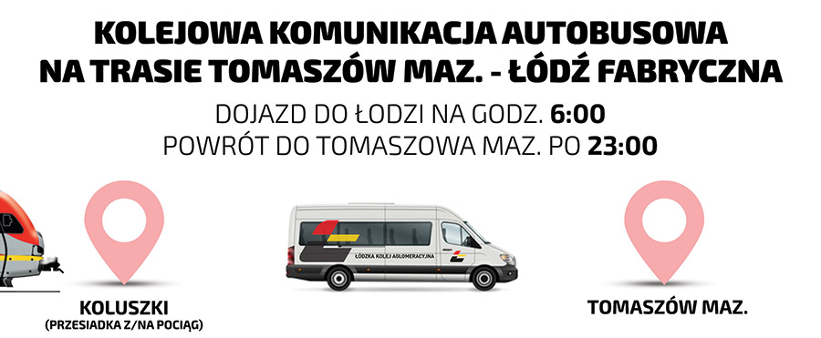 Grafika przedstawia informacje dotyczące kursowania na trasie Tomaszów Mazowiecki- Łódź Fabryczna opisane w poniższym tekście.