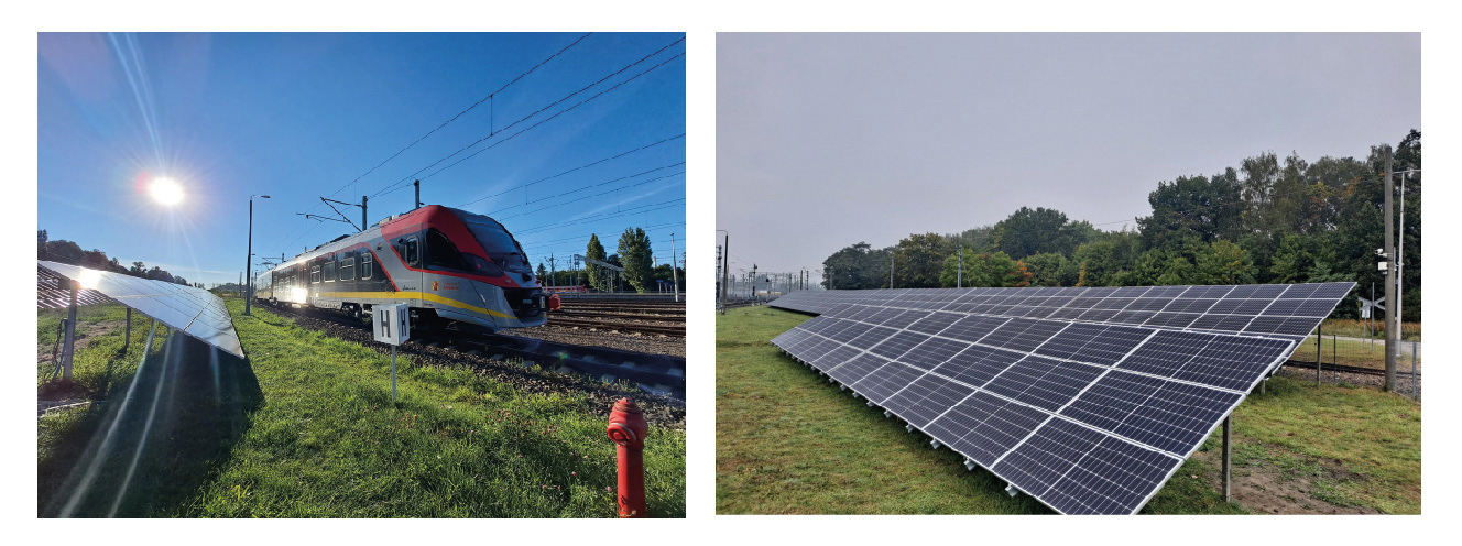 Grafika przedstawia panel fotowoltaiczny na zapleczu technicznym, w tle widać pociąg ŁKA i torowiska. 