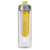 Zdjęcie przedstawia podłużną walcowatą butelkę z przezroczystego tworzywa, w środku jest dodatkowy walcowaty elementy w kolorze żółtym. 