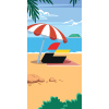 Grafika wzoru na ręczniku, przedstawia logo ŁKA na plaży pod parasolem wśród palm. 