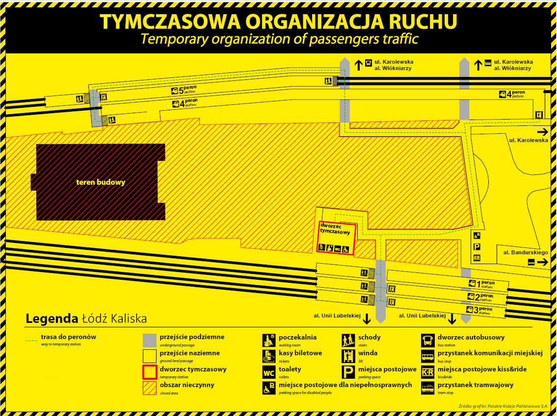 Schemat przedstawia plan organizacji dworca Łódź Kaliska podczas przebudowy, treść opisana poniżej.