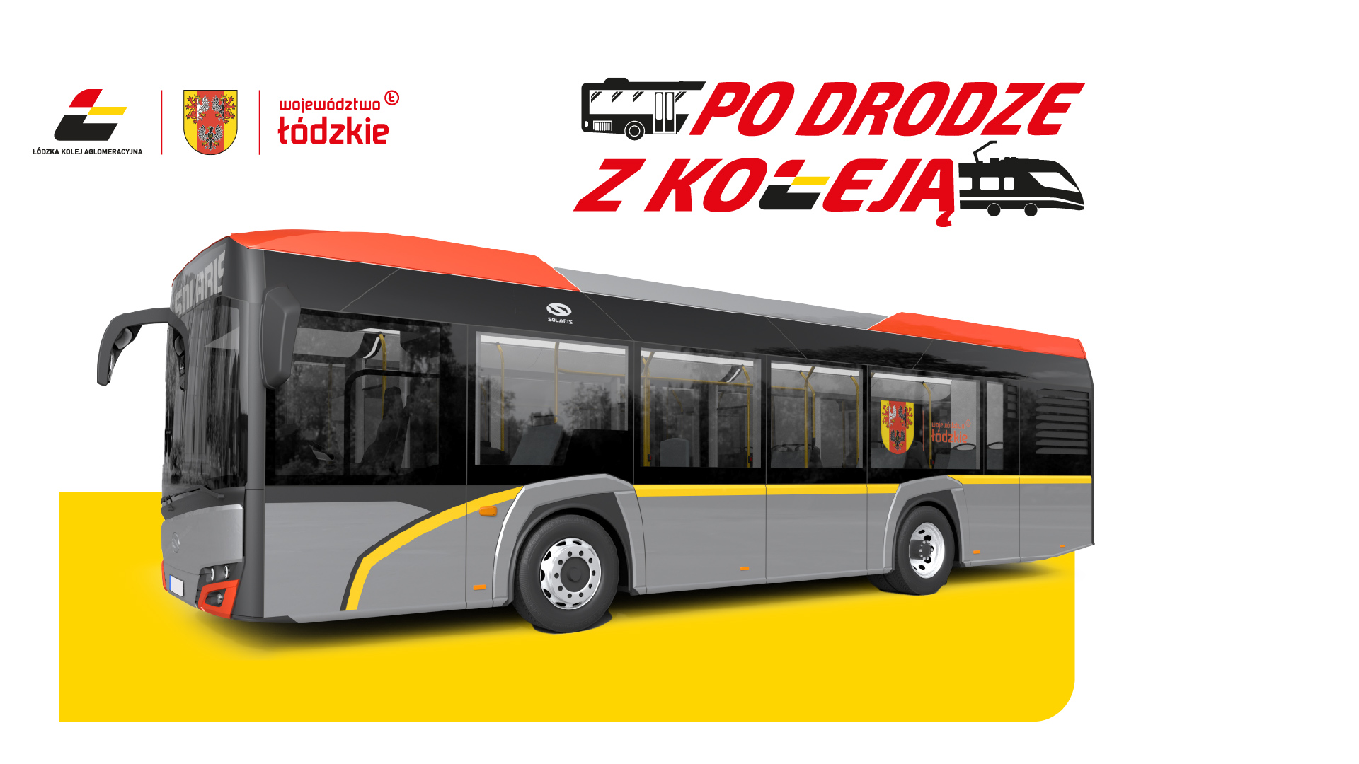 Grafika przedstawia logo ŁKA, herb i logo województwa, oraz wizualizację autobusu Solaris Urbino w barwach ŁKA. Napis "Po drodze z Koleją".