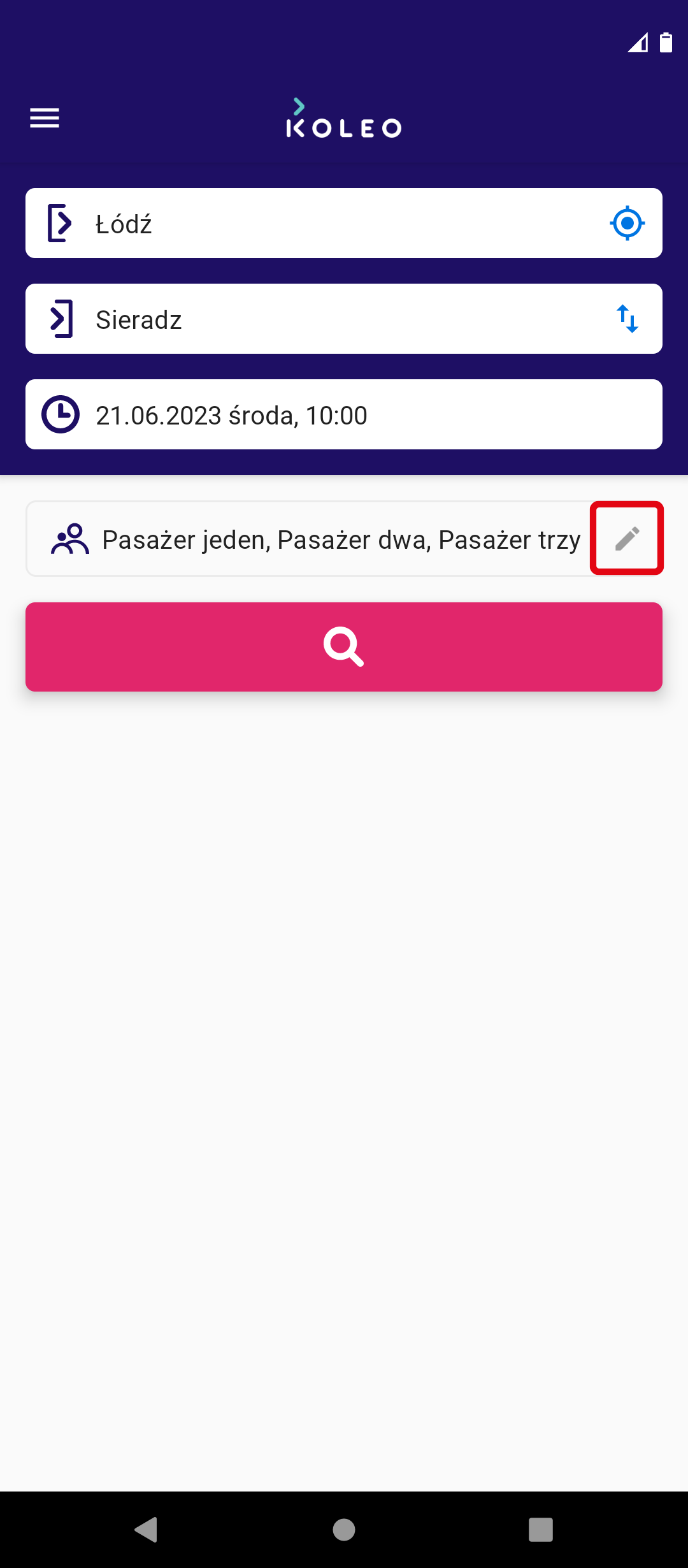 Grafika przedstawia ekran początkwy aplikacji Koleo. 