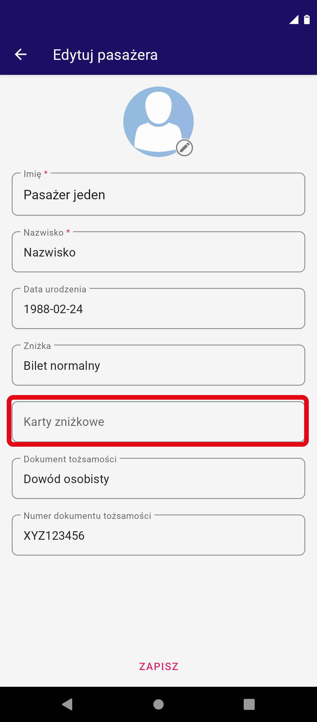 Grafika przedstawia ekran edycji danych pasażera w aplikacji Koleo. 