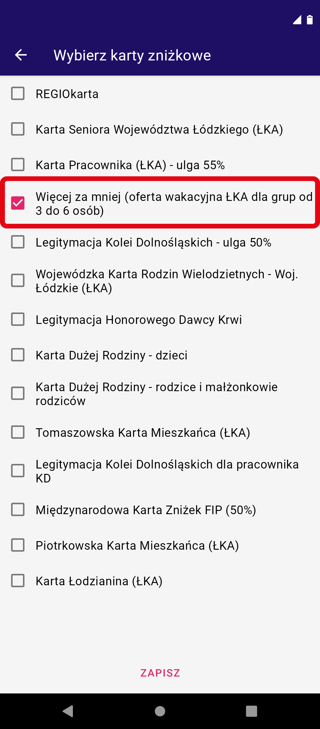 Grafika przedstawia ekran wyboru kart zniżkowych w aplikacji Koleo. 