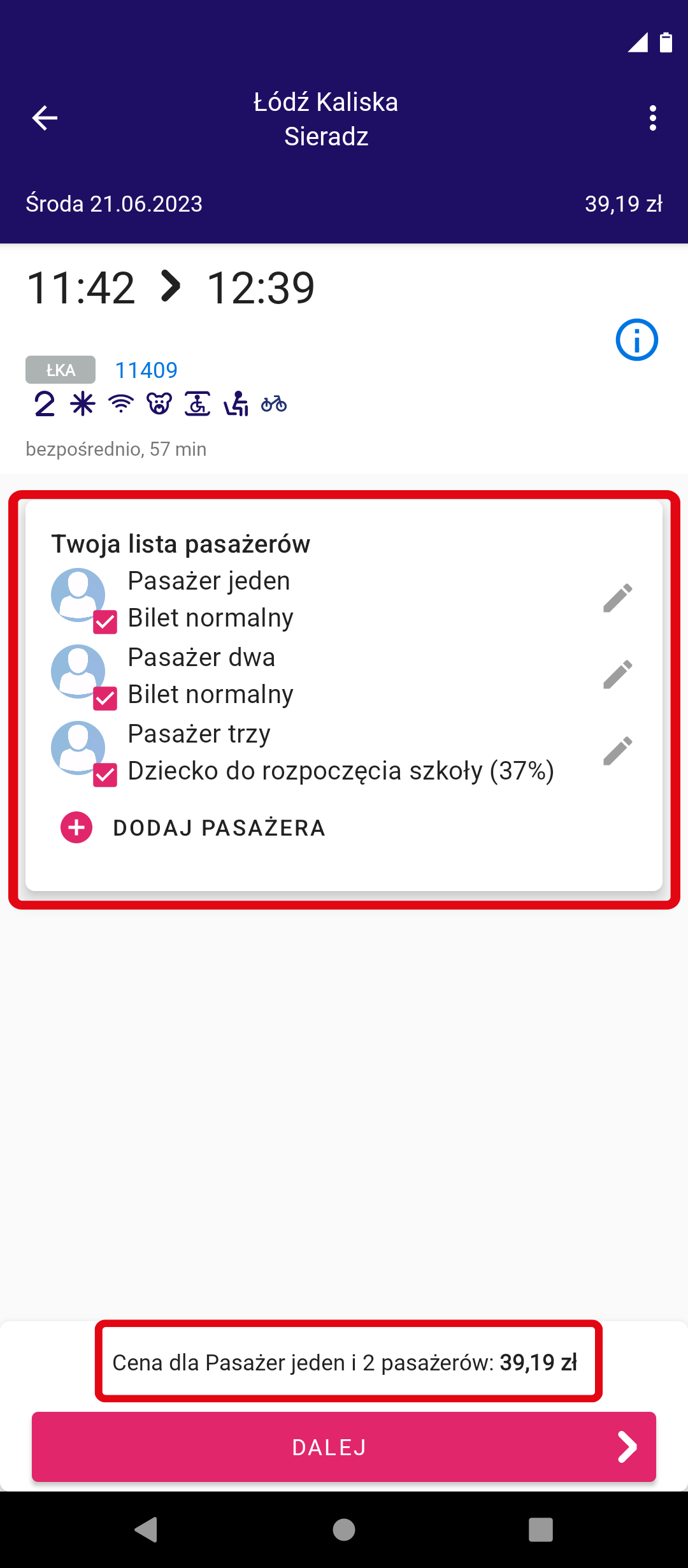 Grafika przedstawia ekran wybór pasażerów dla wyszukanego kursu w aplikacji Koleo. 