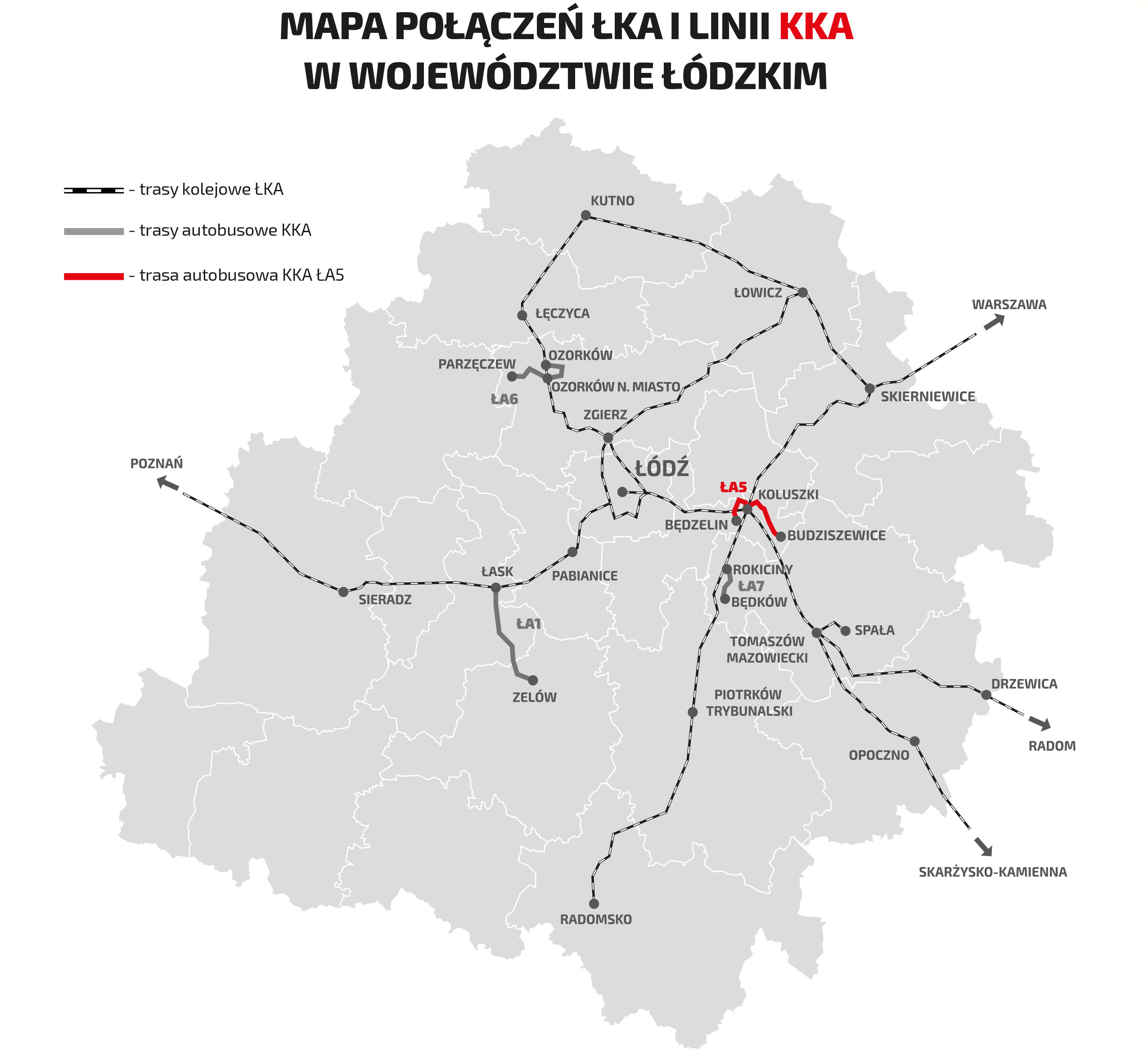 Mapa przedstawiająca połączenia kolejowe ŁKA w województwie łódzkim oraz trasy autobusów KKA.