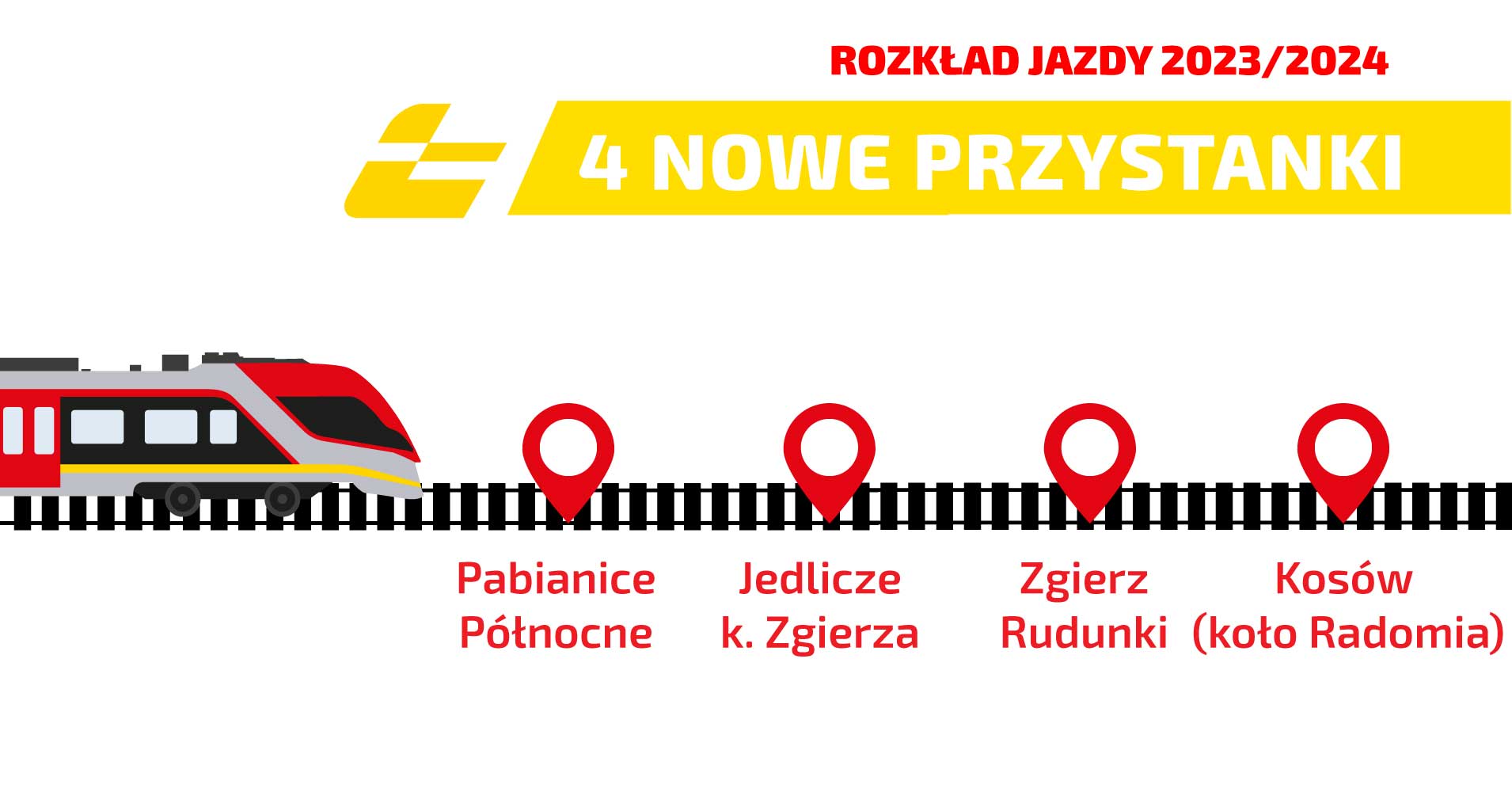 Grafika z napisem 4 nowe przystanki: Pabianice Północ, Jedlicze k. Zgierza, Zgierz Rudunki oraz Kosó koło Radomia. 