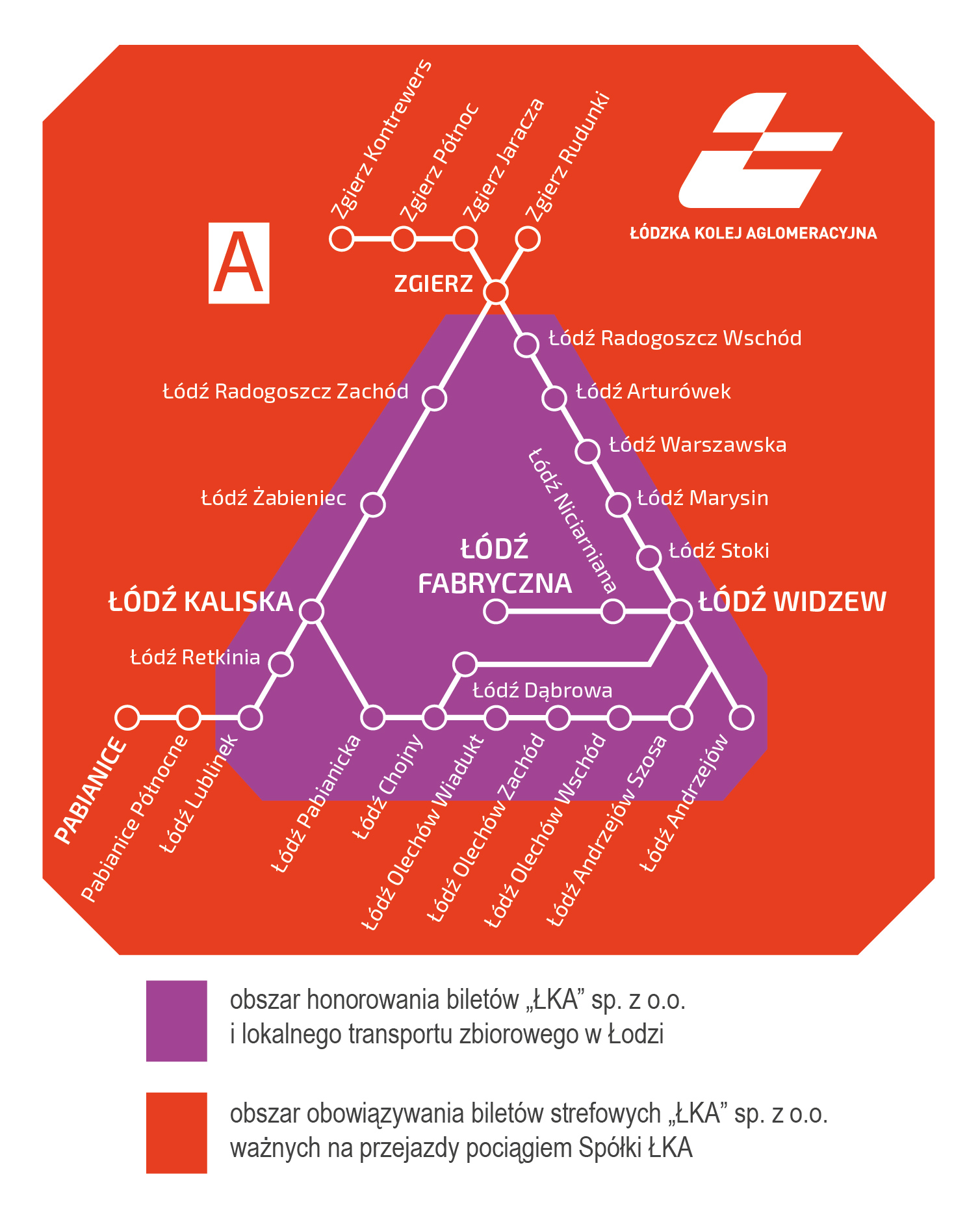 Grafika przedsgtawia schemat stacji wchodzących do Strefy A wg opisu poniżej. 