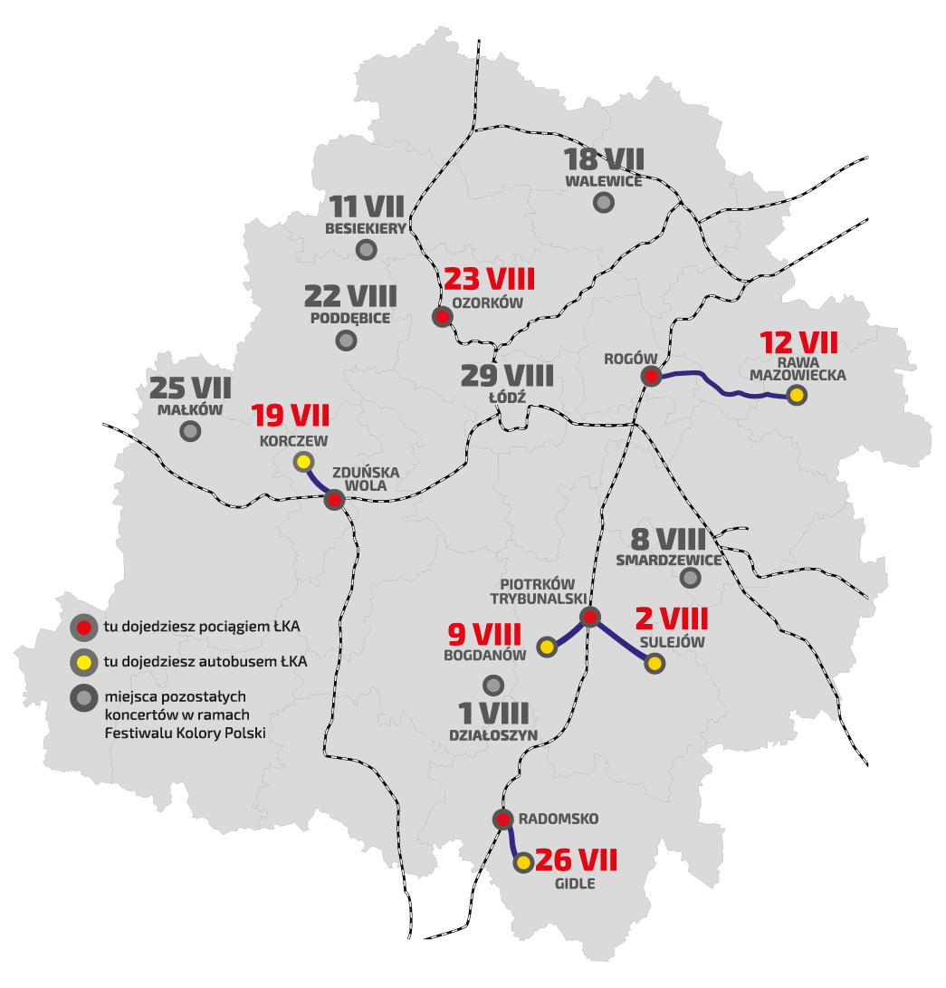 Obrazek przedstawia mapę województwa łódzkiego wraz z datami i lokalizacjami wraz z datami koncertów.
