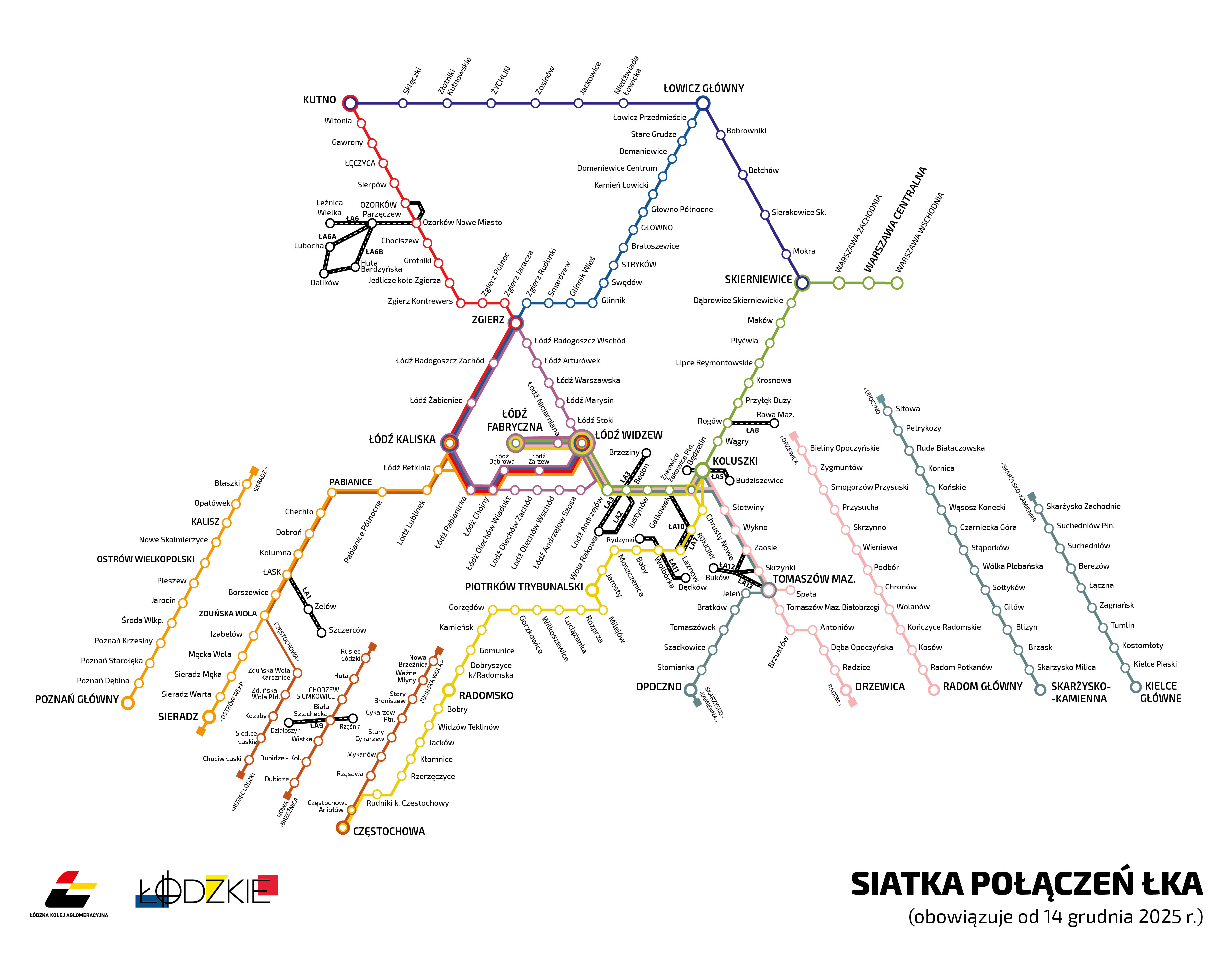 grafika siatkę połączeń pociągow ŁKA od 14 grudnia 2025