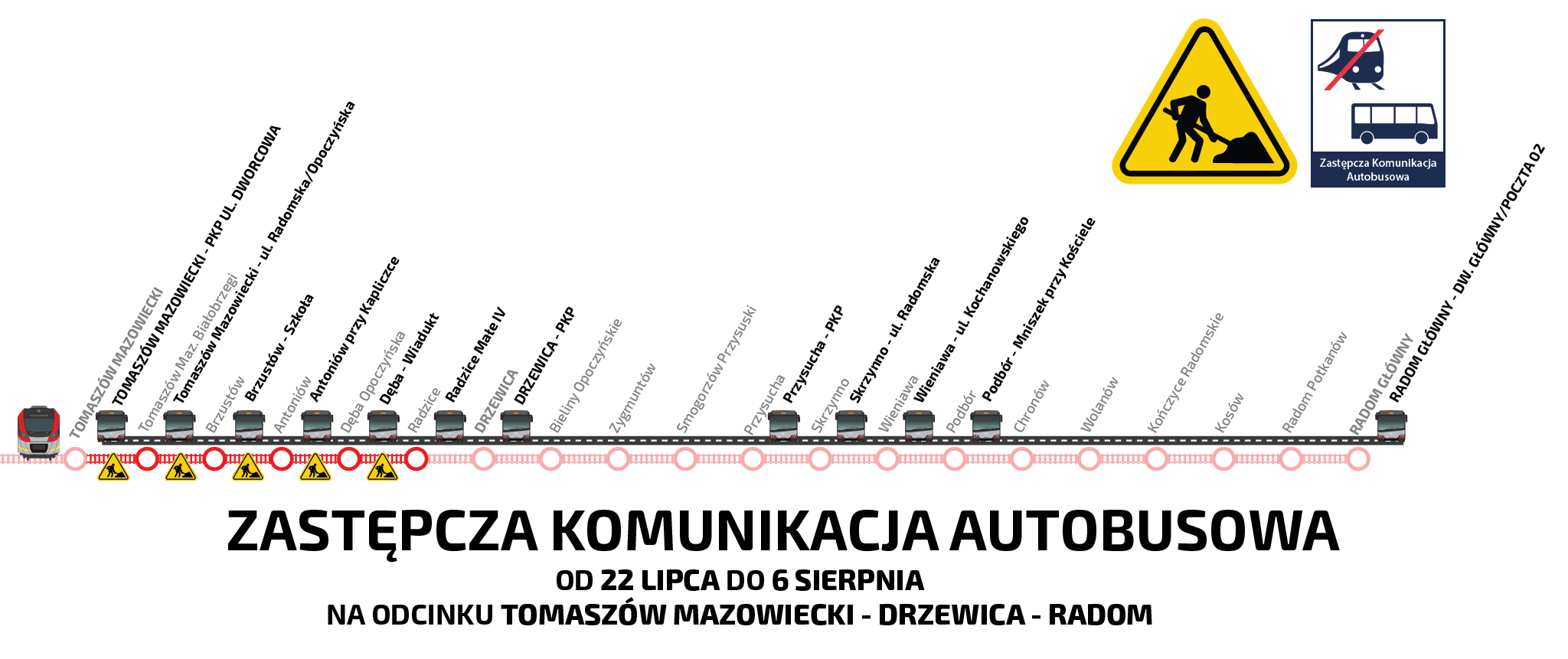 Zastępcza Komunikacja Autobusowa na linii Tomaszów Mazowiecki - Drzewica - Radom. Jest to informacja o przystankach autobusowych na linii.