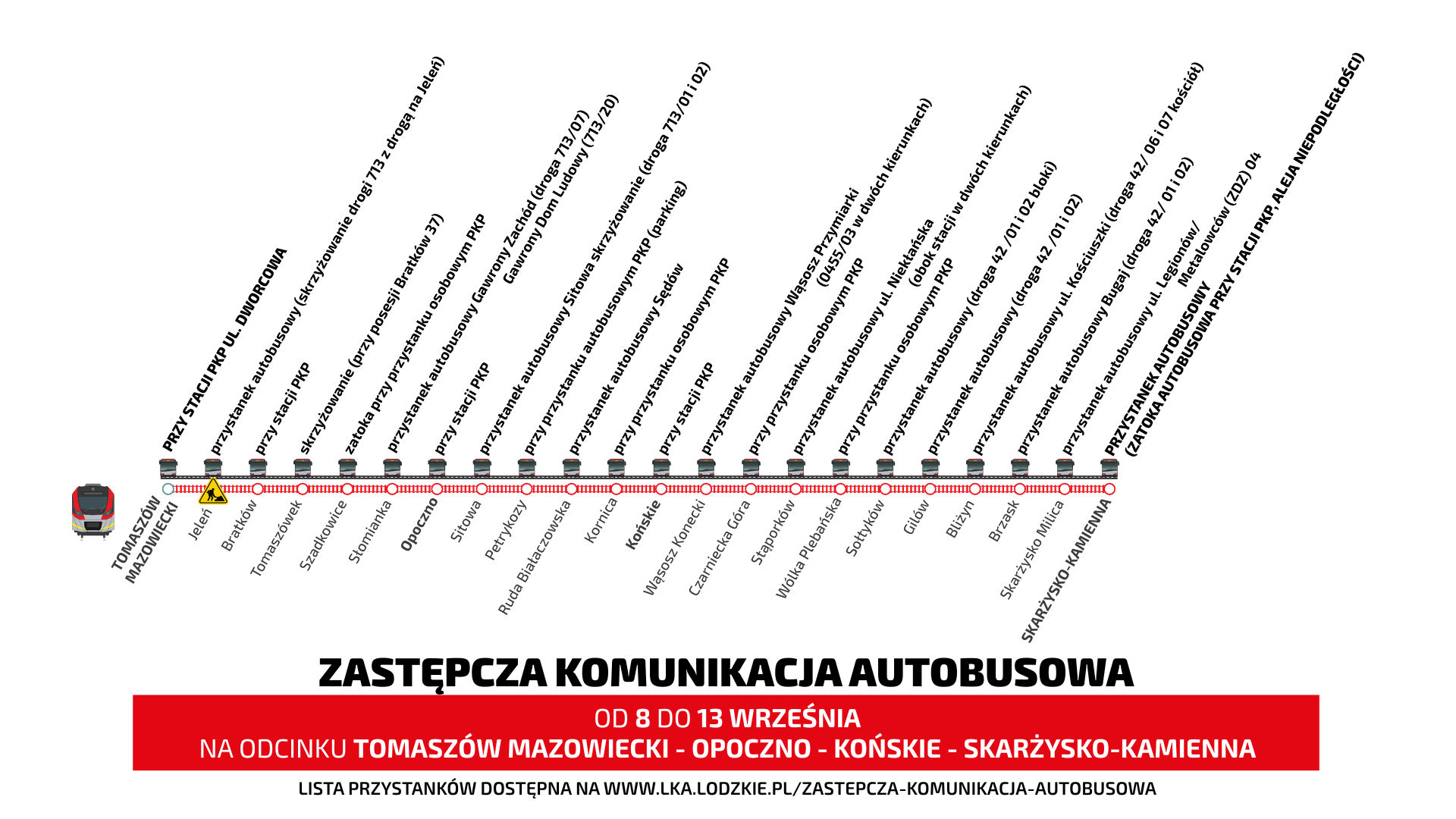 wizualna wersja listy przystanków na linii ZKA w relacji Tomaszów Mazowiecki - Skarżysko-Kamienna od 8 do 13 września