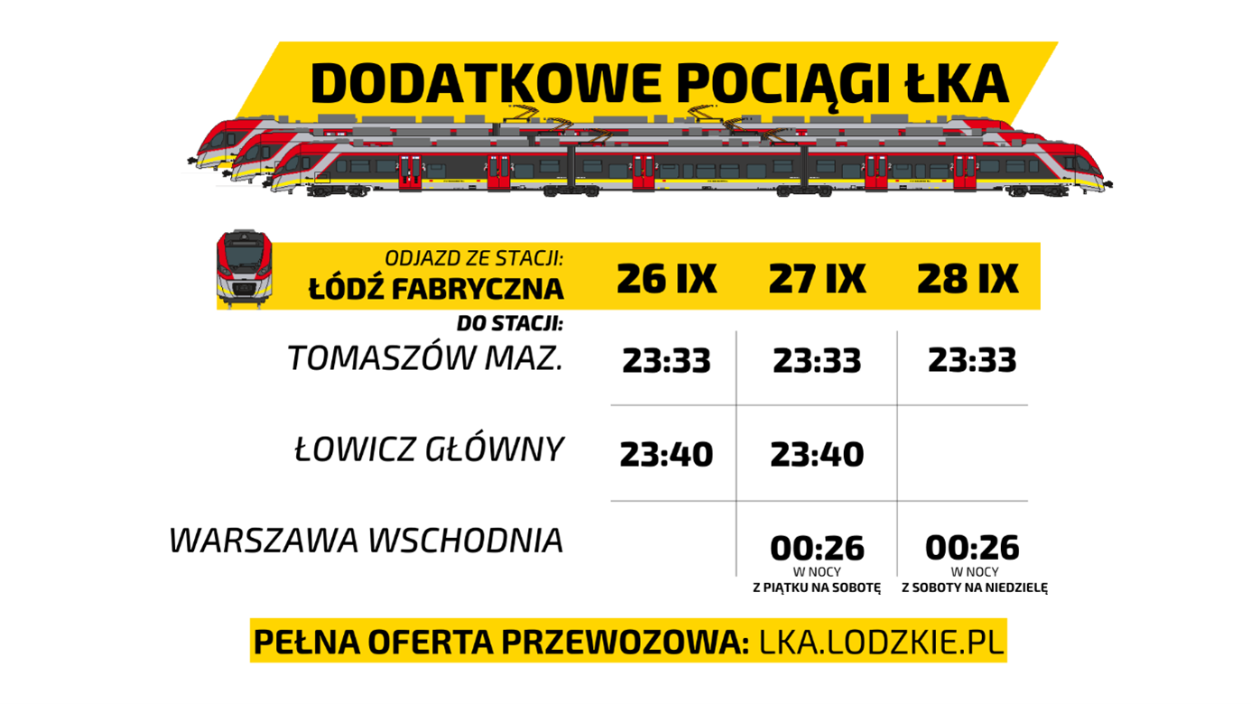 Grafika przedstawia tabele z dodatkowymi pociągami, którymi można wrócić z Light Move Festival. 