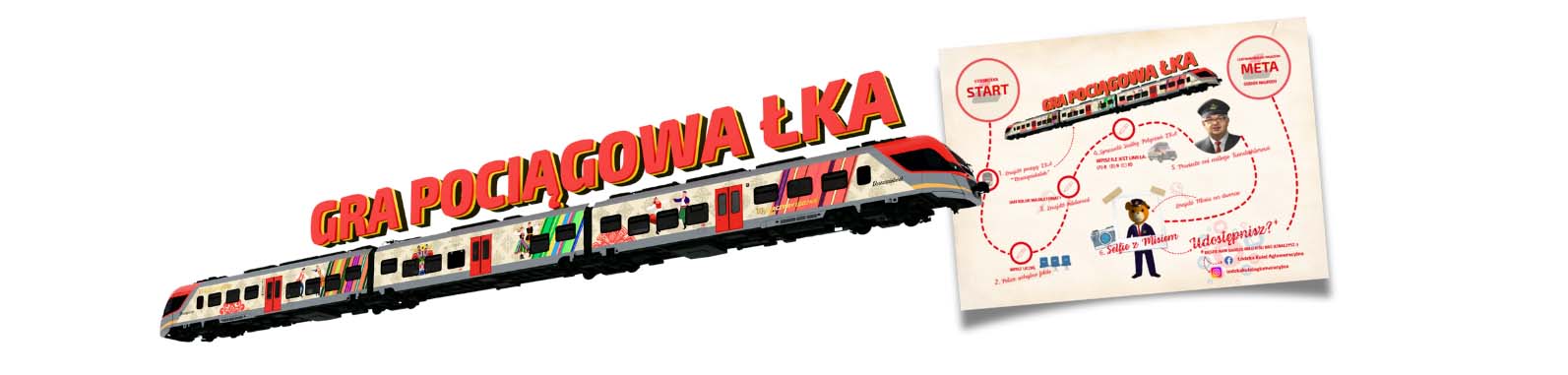 Grafika z wyrenderowanym modelem 3d pociągu ŁKA dziesięciolatek, obok plansza gry terenowej i napis brzmi: "Pociągowa gra terenowa ŁKA"