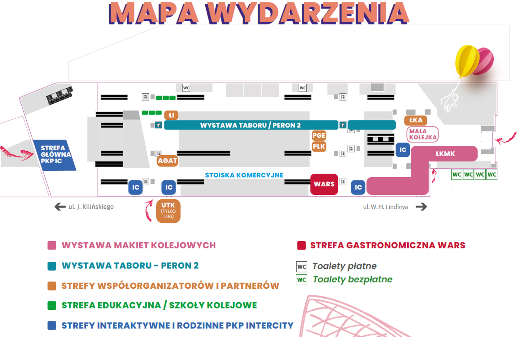 plan dworca Łódź Fabryczna z zaznaczonymi atrakcjami z okazji 3 Wystawy Makiet Kolejowych 