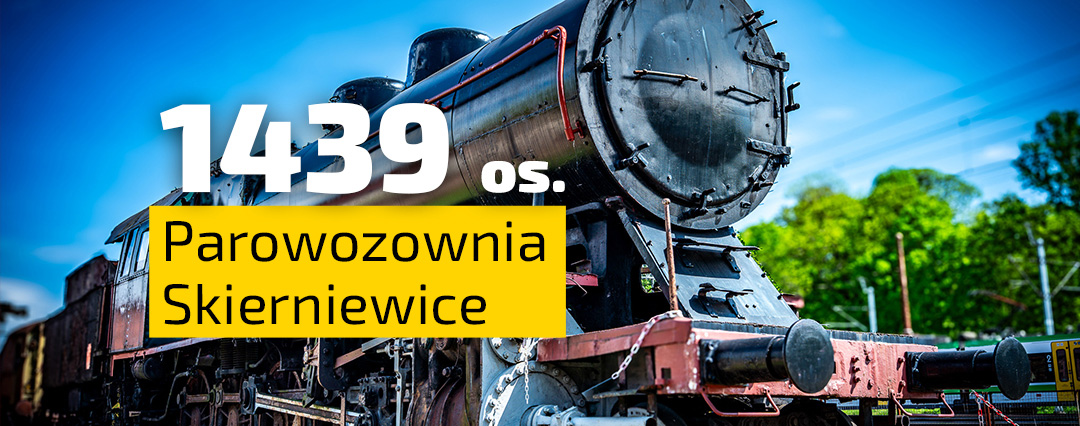 Liczba 1439 mówiąca o liczbie osób, które odwiedziły Parowozownię w Skierniewicach w dniach 3 i 4 maja 2025 roku. Tłem jest lokomotywa z parowozowni w Skierniewicach