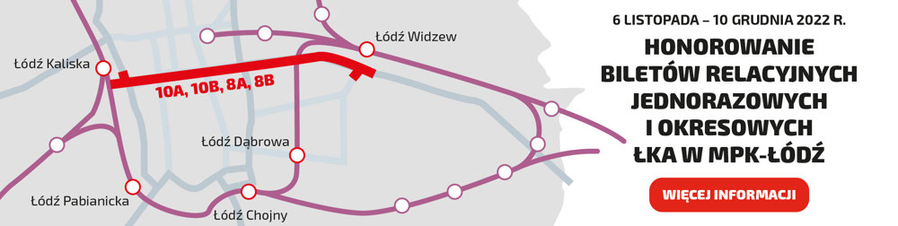 Honorowanie biletów relacyjnych  i okresowych ŁKA w MPK-Łódź, mapka obrazująca trasę tramwaju i przycsik do podstrony z opisem